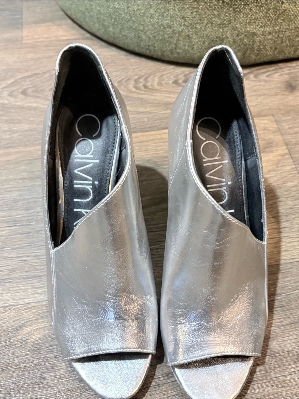 Calvin Klein Metallic Silver Peep-Toe Heels